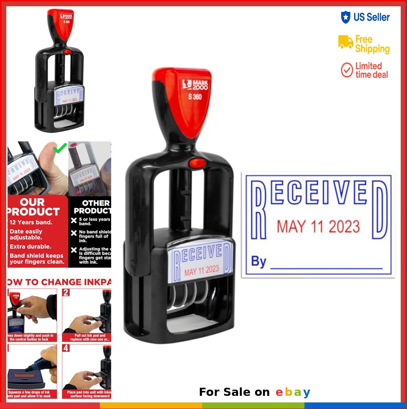 Self-Inking Rubber Date Stamp Received Blue Ink Red Ink 12 Year Band Office