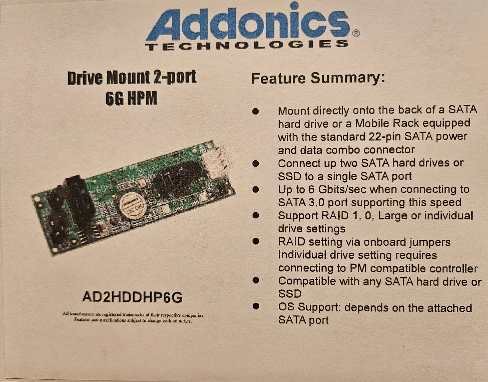 Addonics Drive Mount 2-port 6G HPM (AD2HDDHP6G) - BRAND NEW (Orig Box & Manual)