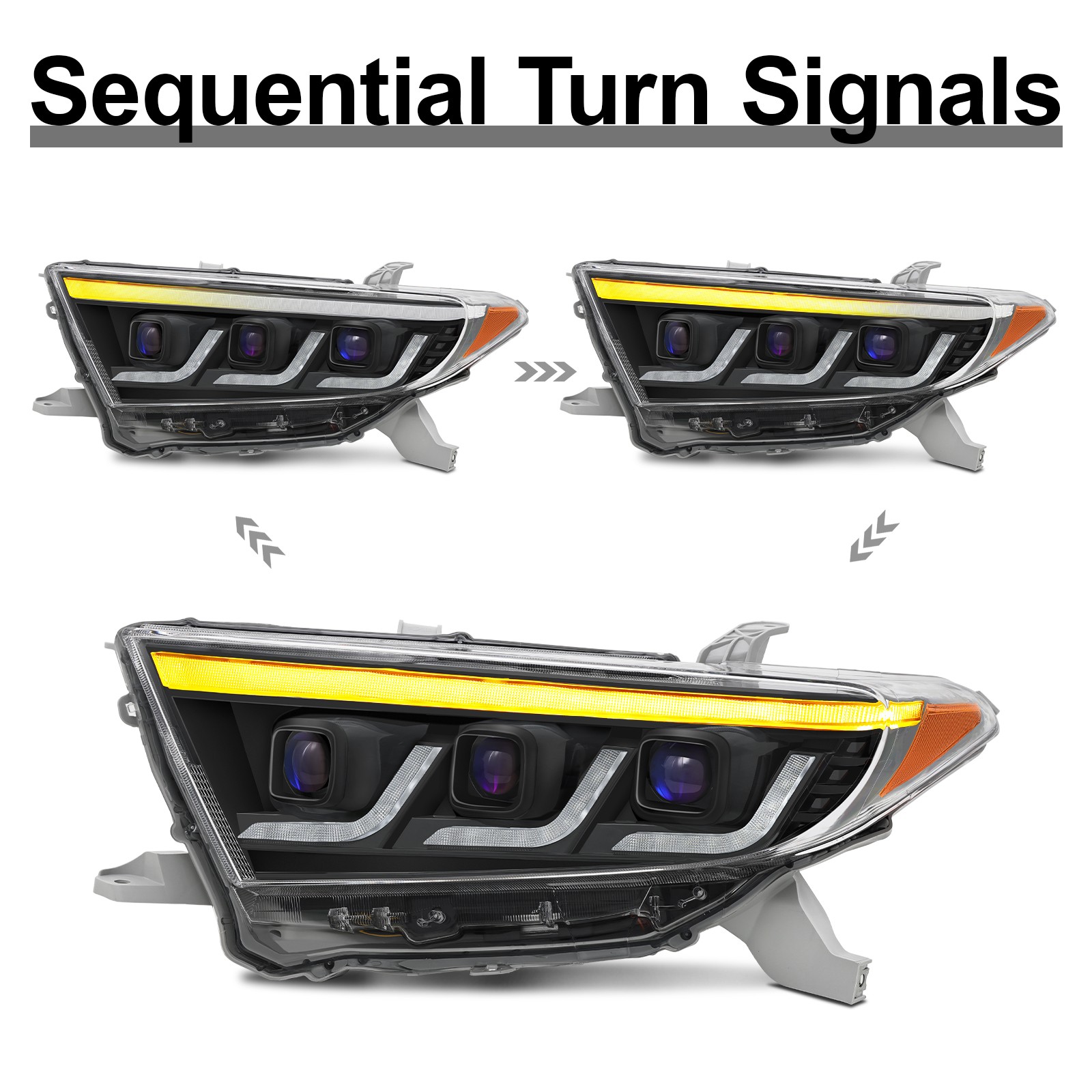 Triple LED Projector Headlights w/Sequential For 2011 2012 13 Toyota Highlander