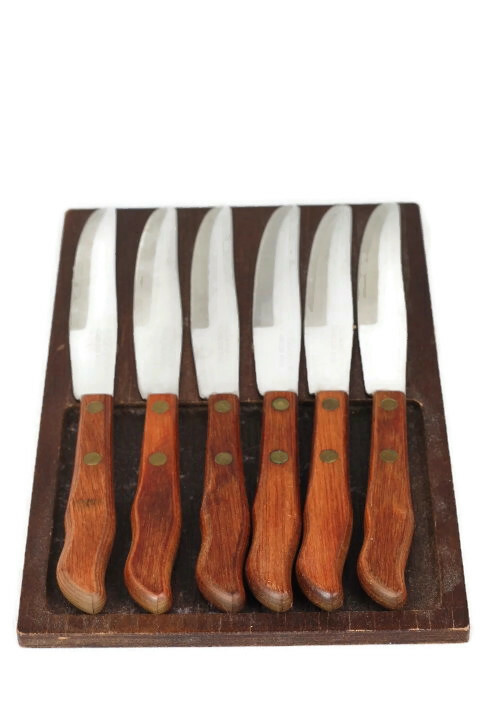 Vintage Kutmaster Set of 6 Steak Knife Knives Stainless Steel w/ Wooden Holder