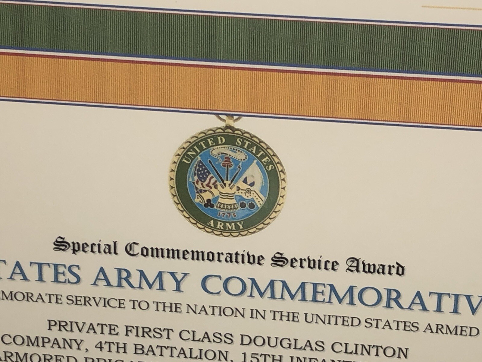 SCSA - UNITED STATES ARMY COMMEMORATIVE MEDAL CERTIFICATE ~ Type 1