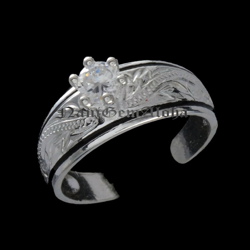 Hawaiian Sterling Silver BlackLine Engrave Plumeria Flower Scroll Toe Ring 1 CZ