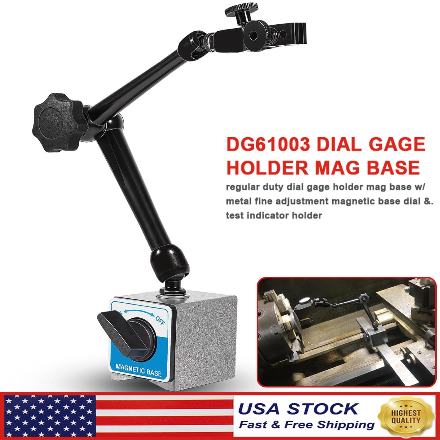 For Noga DG61003 Dial Gage Test Indicator Holder Magnetic Base 176lb Fine Adjust
