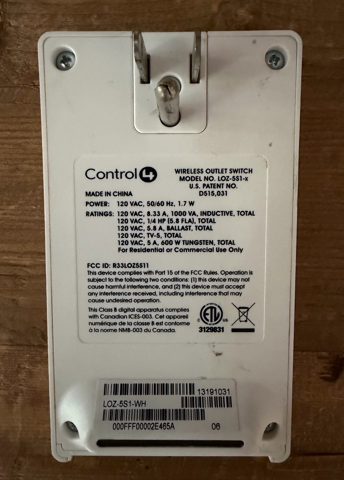 Control4 LOZ-5S1-x Wireless Outlet Switch