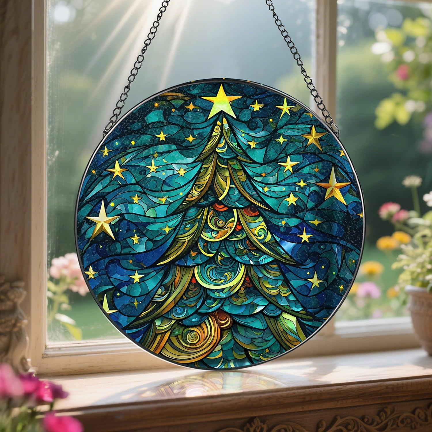8-Inch Christmas Tree Suncatcher Ornament, Stained Glass Window Hanging & Staine