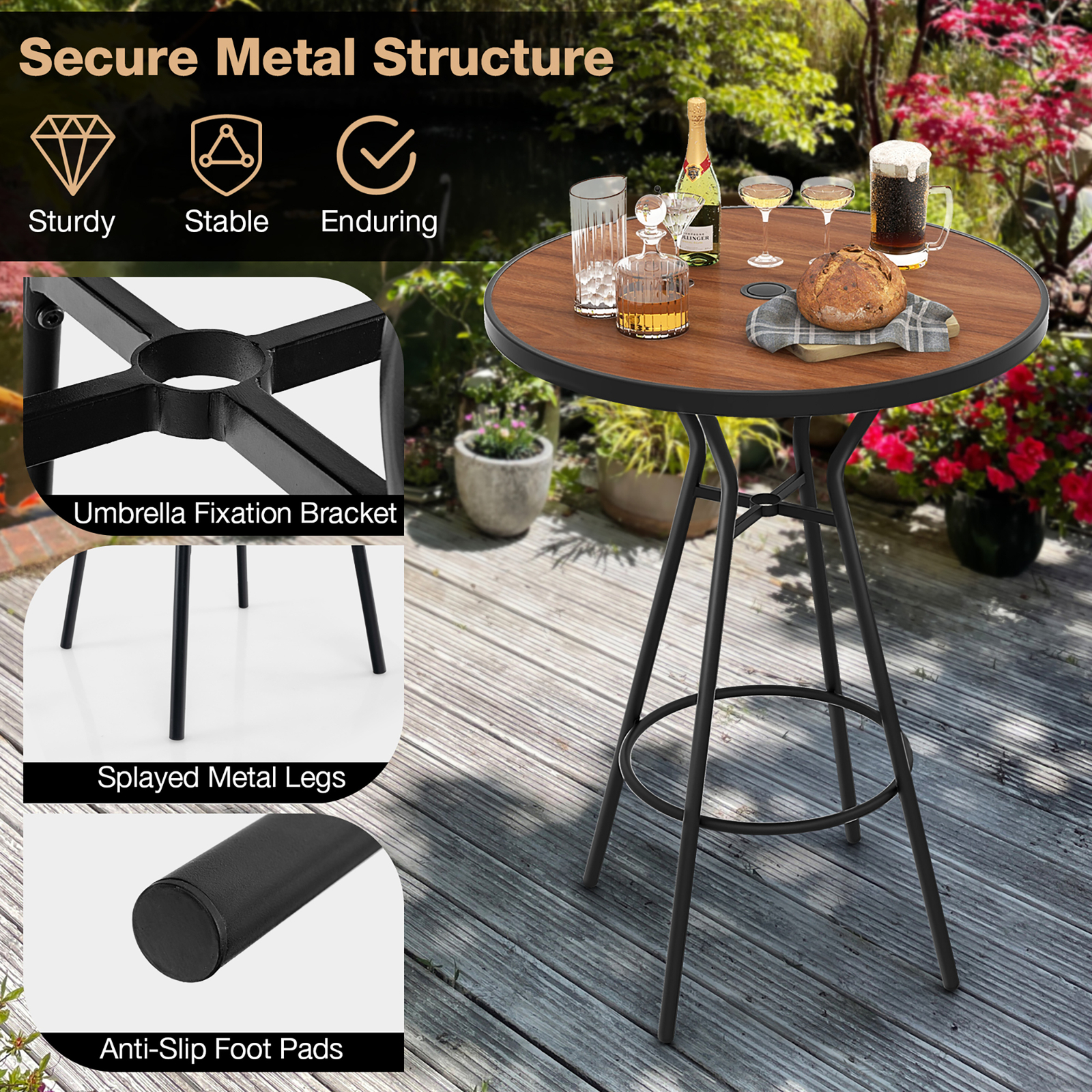 3 PCS Patio Bistro Set Round Table w/ 1.6'' Umbrella Hole & 2 Stools Metal Frame