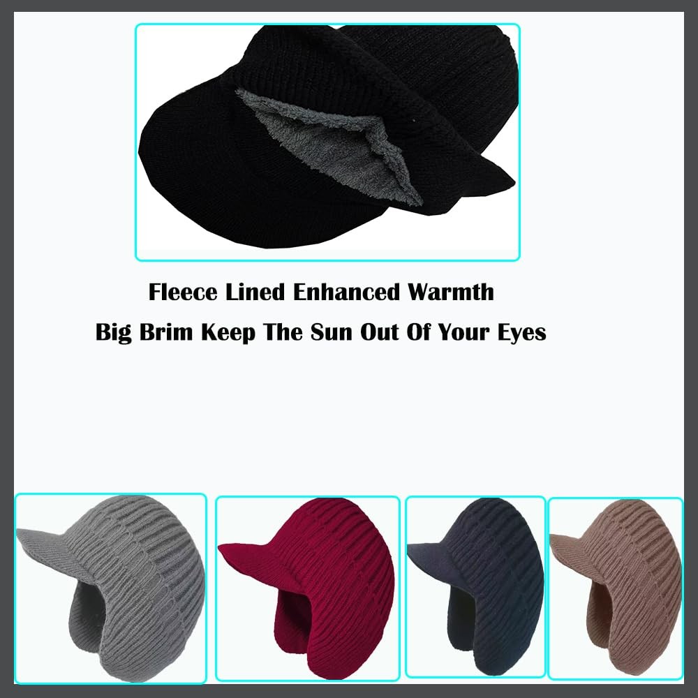 JHDESSLY Knit Beanies with Visor & Earflaps for Men and One Size, Black