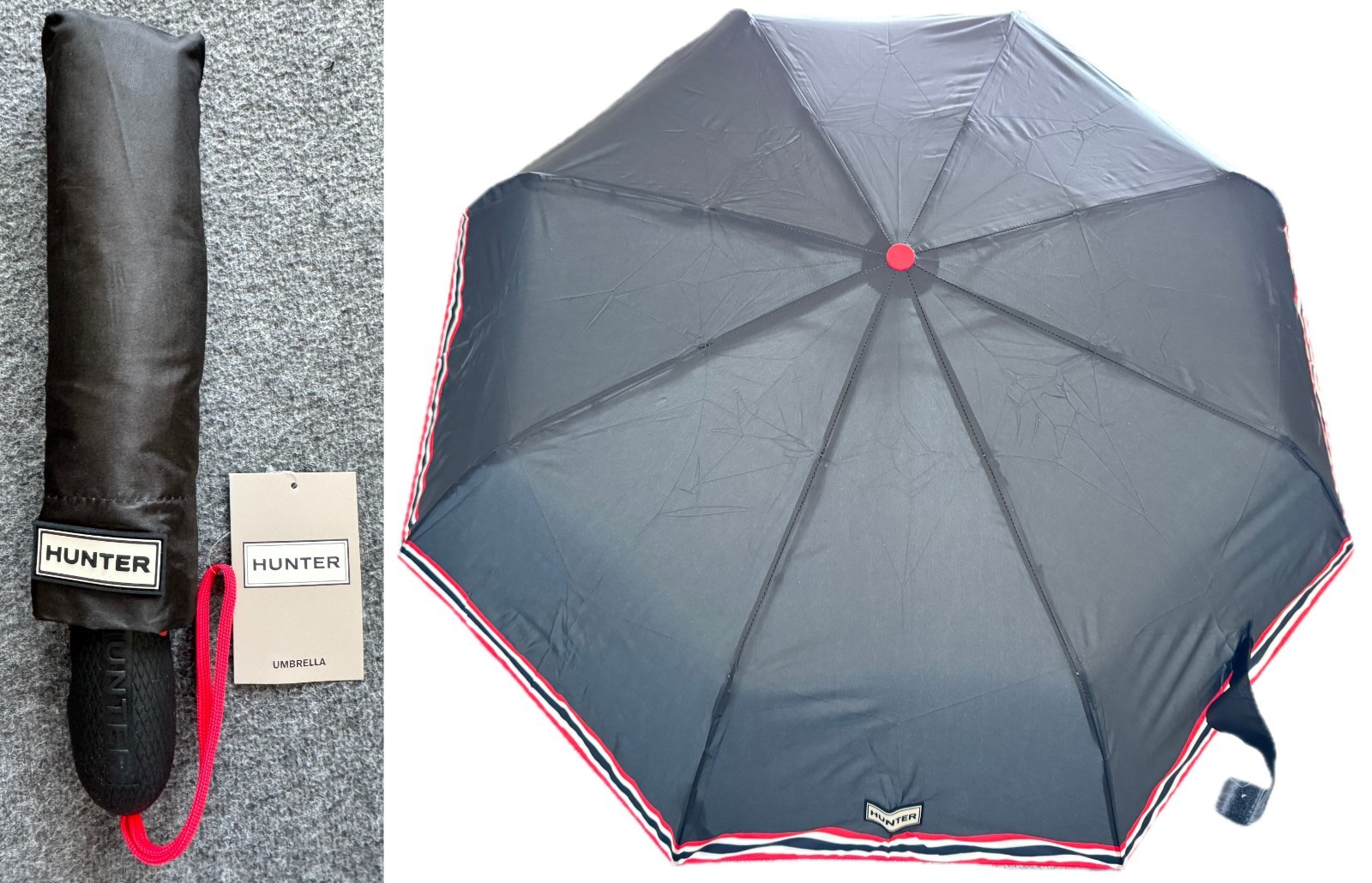 NWT Hunter Original Mini Compact Umbrella Black Red White Stripe 36" Canopy New