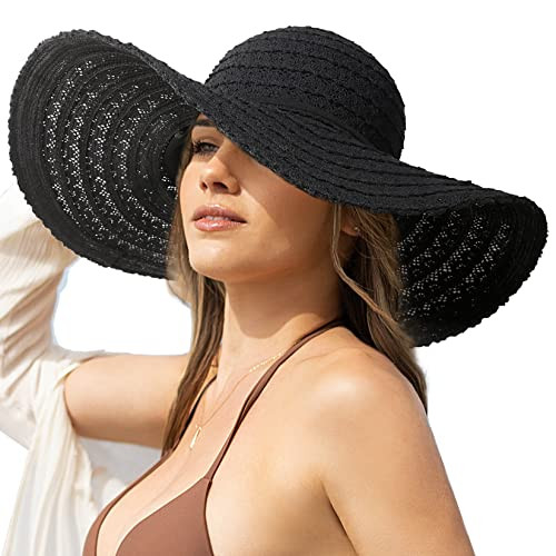 Sun Hat Womens, Beach Wide Brim Hats for Women, Summer Floppy Medium Black