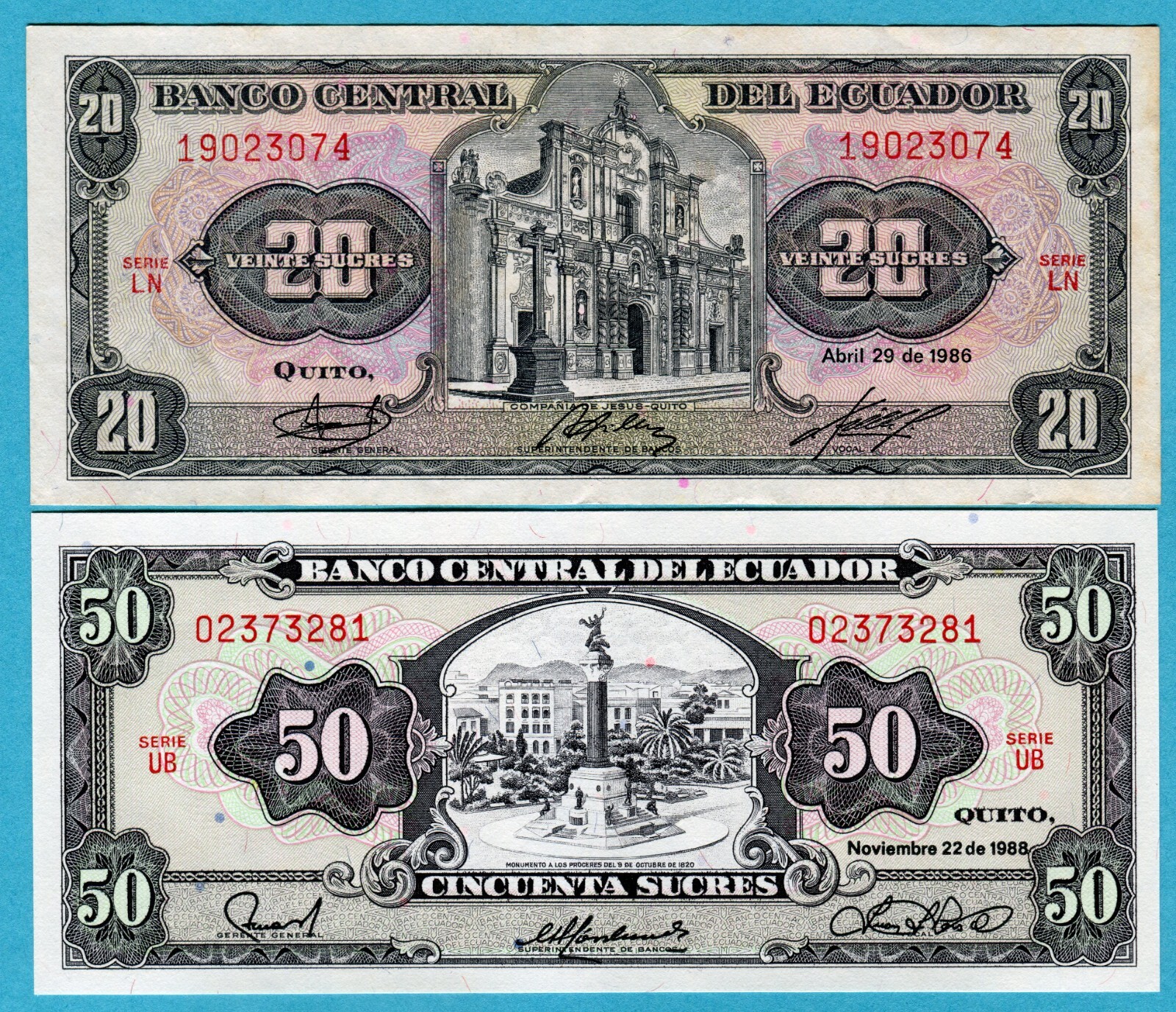 Ecuador 20, 50 Sucres 1986, 1988 P121Aa4, P122(3) EF/UNC