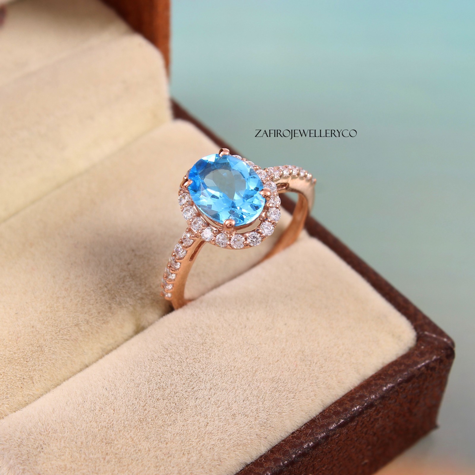 Natural Swiss Blue Topaz, December Birthstone, Topaz Ring, Pave Ring, Halo Ring