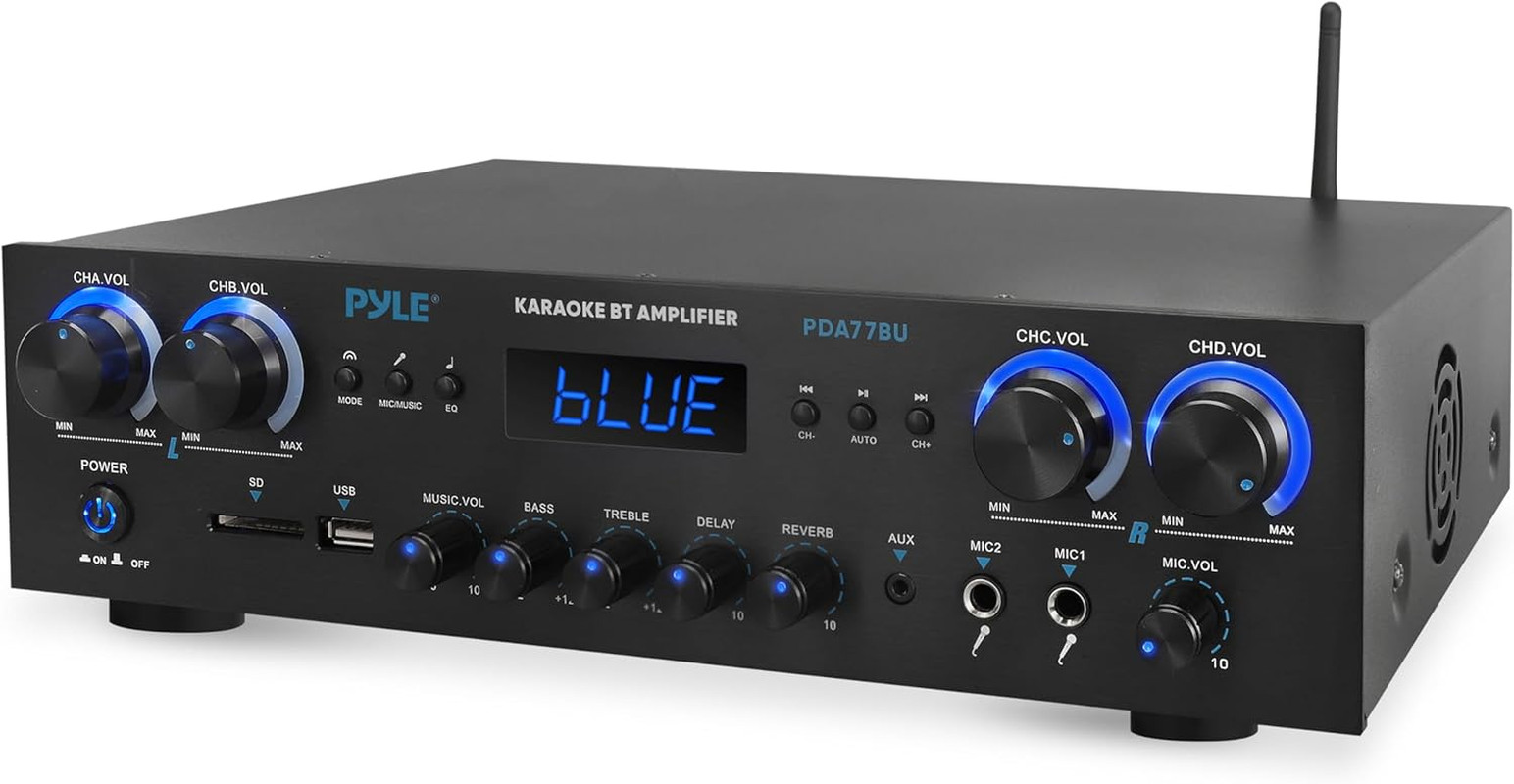 Pyle PDA77BU Bluetooth Stereo Receiver 800W 4 Channel Amp Karaoke USB MP3