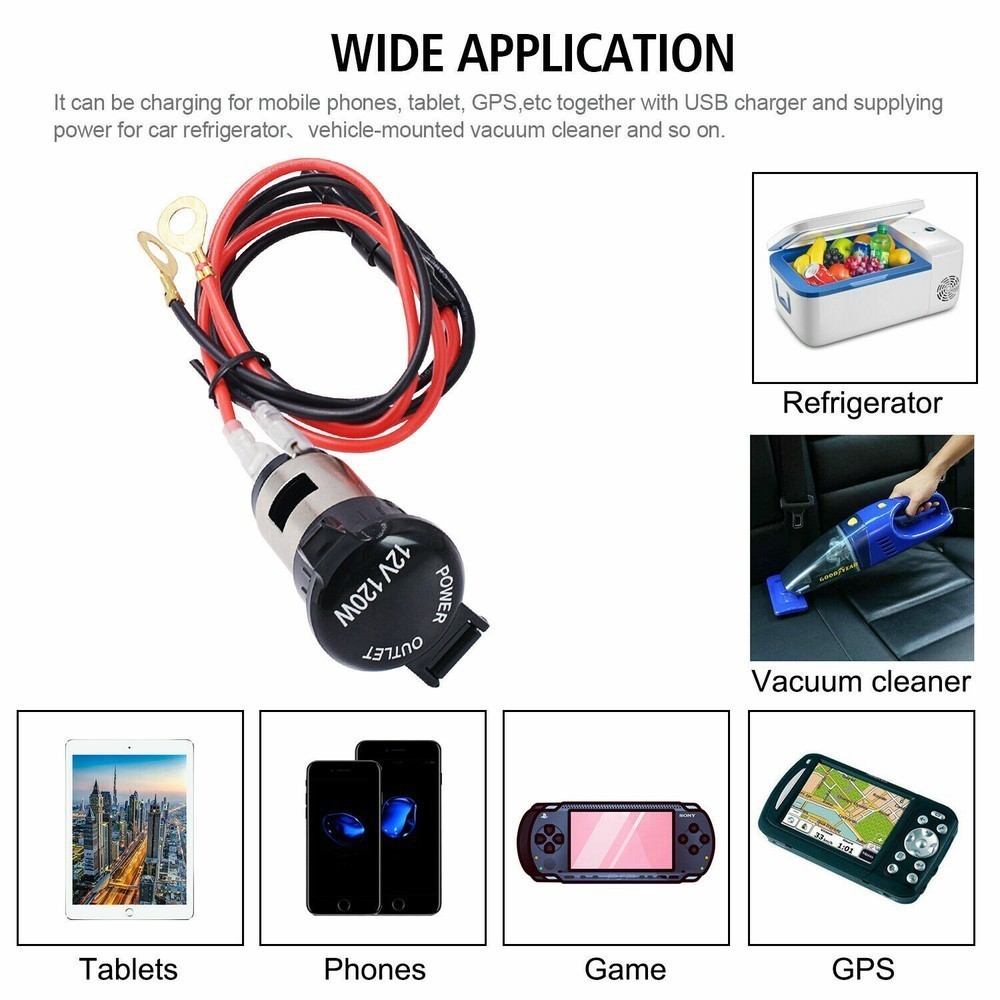 12V Car Cigarette Socket Lighter Power Plug Outlet with 23" Line for Motorcycle