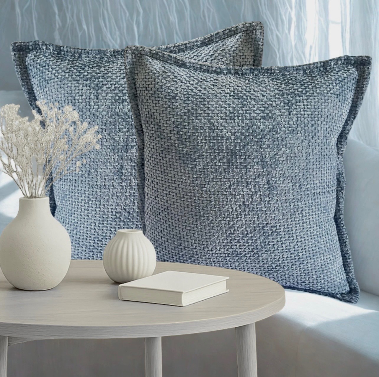 Dusty Blue Chenille Set Of 2 Throw Pillow Cover Modern Accent Living Room Decor