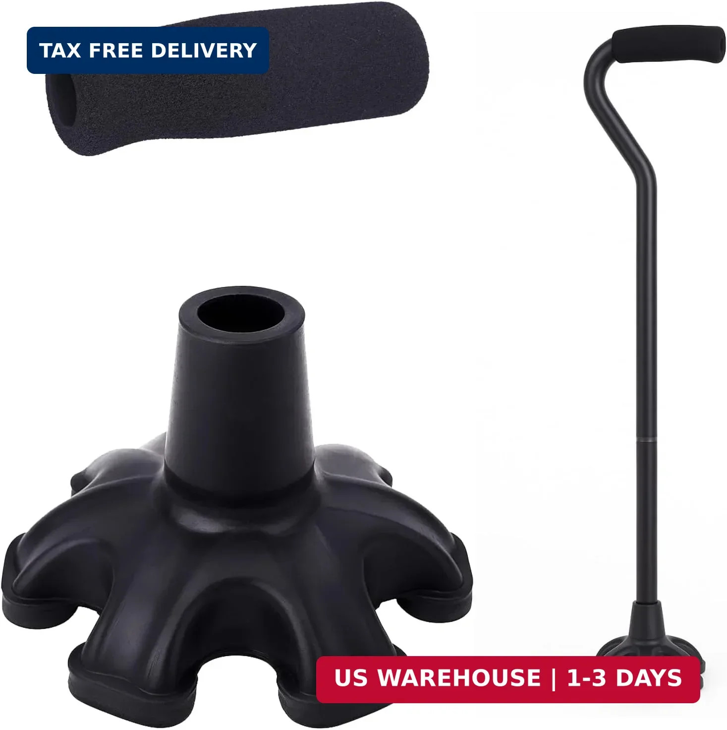 Cane Tip and Foam Handle Set - 3/4 Inch Self Standing Base with Comfort Grip for