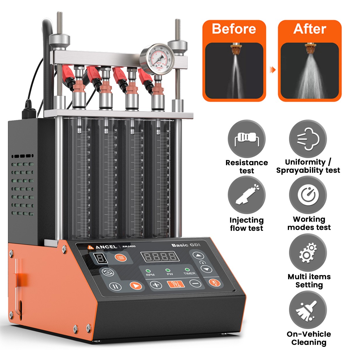 ANCEL ANJ400 Fuel Injector Cleaner Tester Accelerated Deceleration Leak Test US