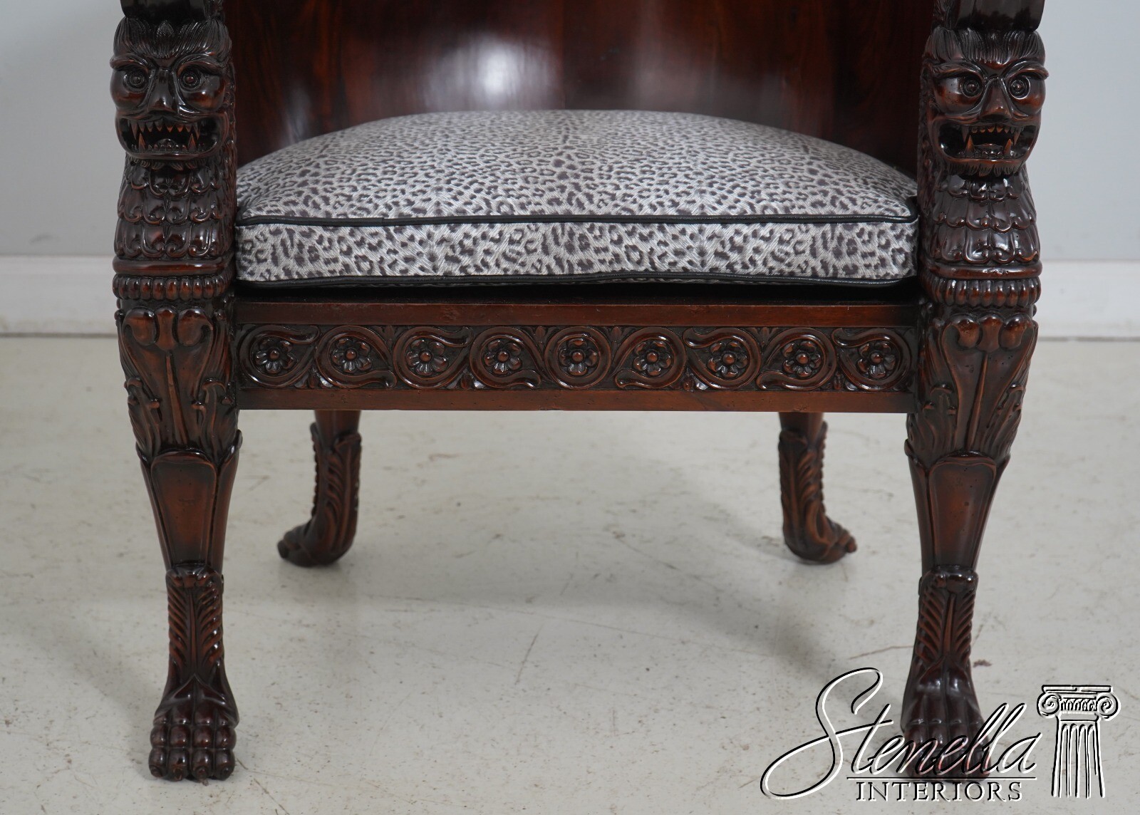 F62511EC: Monumental Ornately Carved Throne Chair w. Upholstered Seat