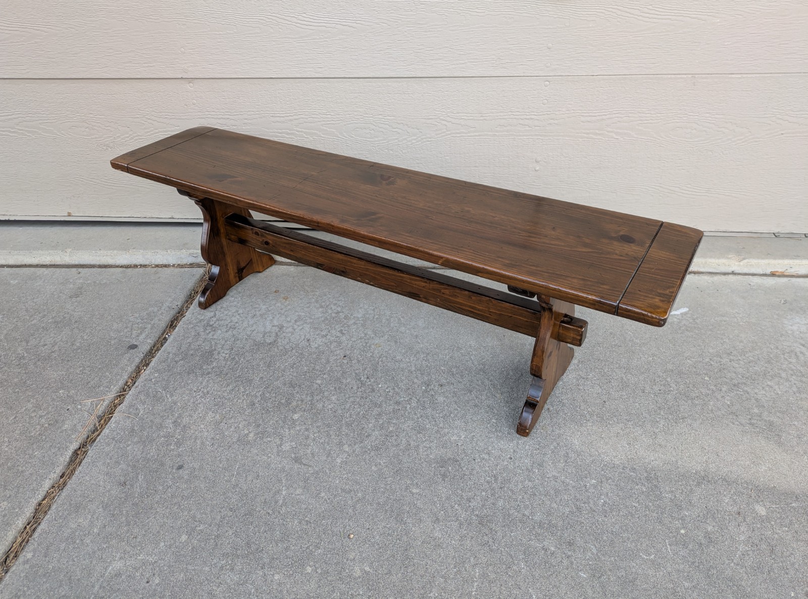 Vintage Ethan Allen Old Tavern Rustic Antiqued Pine Wood Trestle Bench