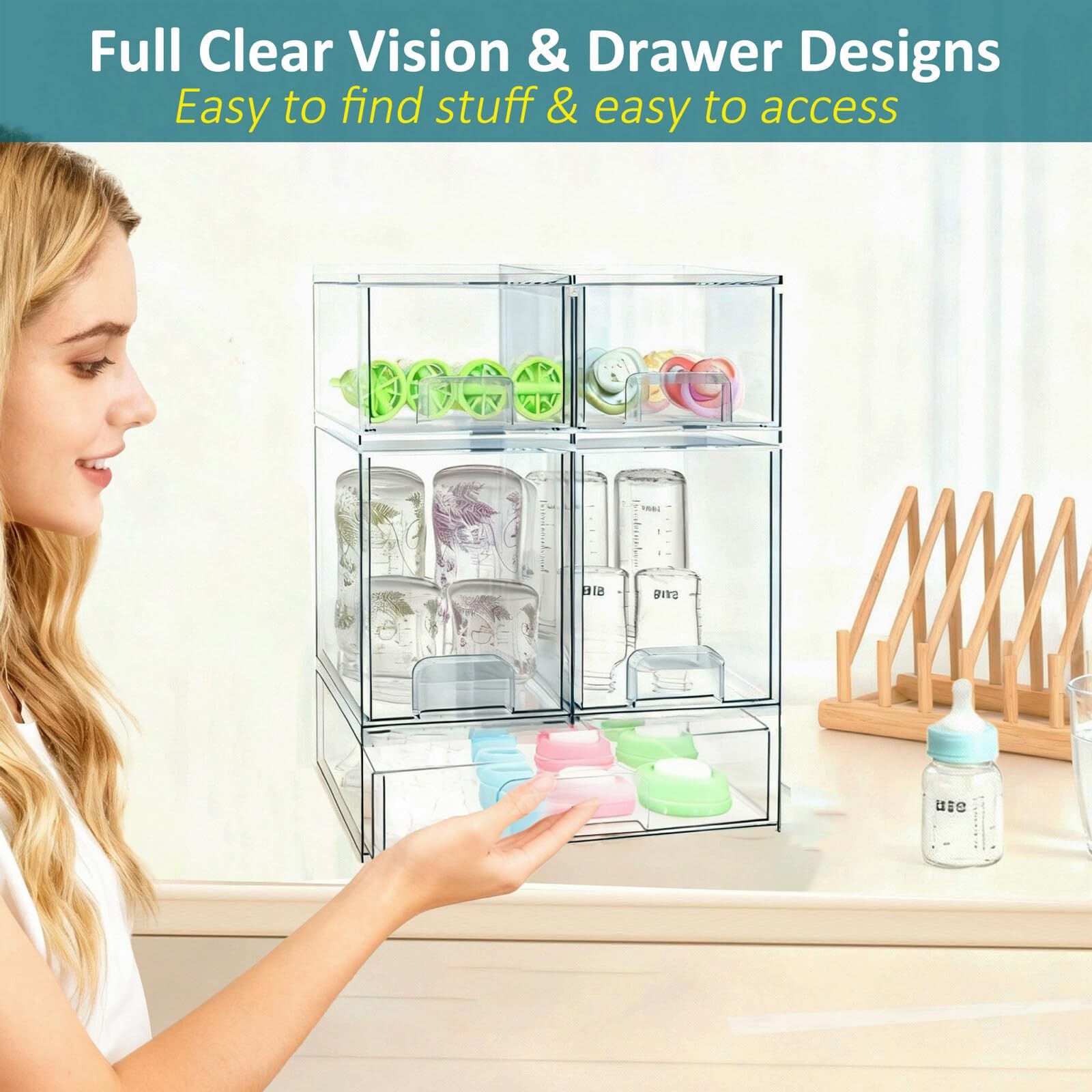 Baby Bottle Organizer for Countertop with Dust Protection, 5Pack Stackable Ba...