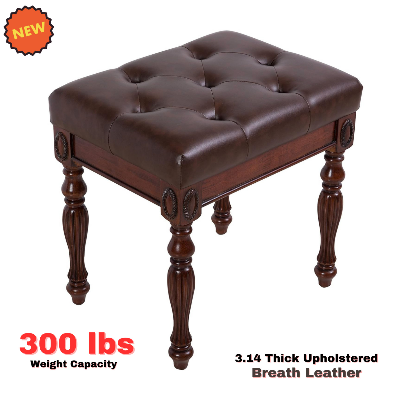 Vintage Vanity Bench Stool Footstool Leather Padded Cushion for Bedroom Bathroom