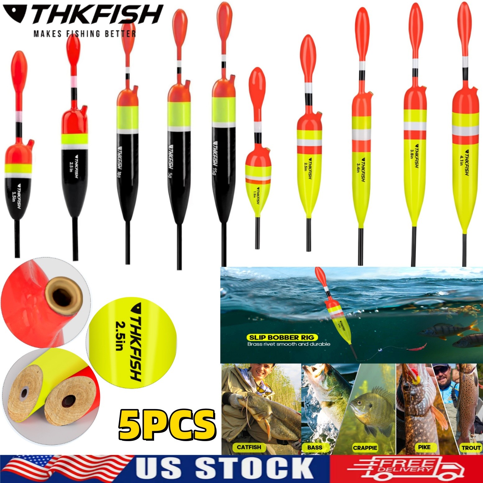 5pcs Fishing Slip Float Bobber Wood Fishing Bobber Fishing Tackle Balsa Float US