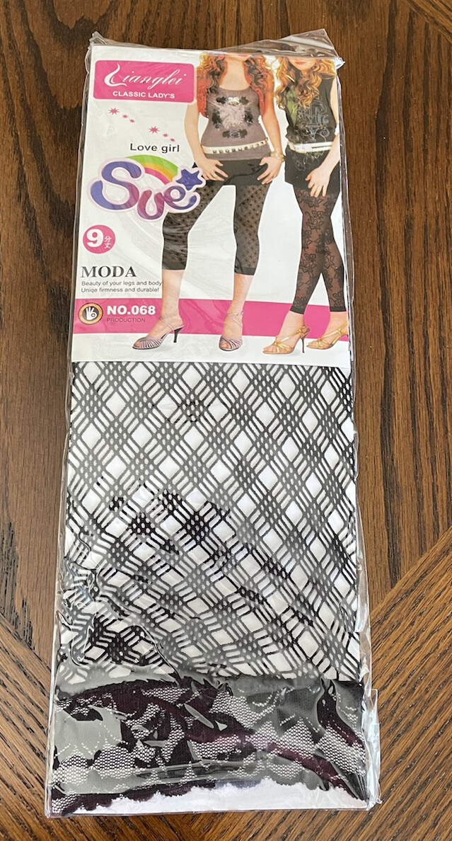 Lace Leggings Triple Patterned Fishnet Hosiery Regular Size Black
