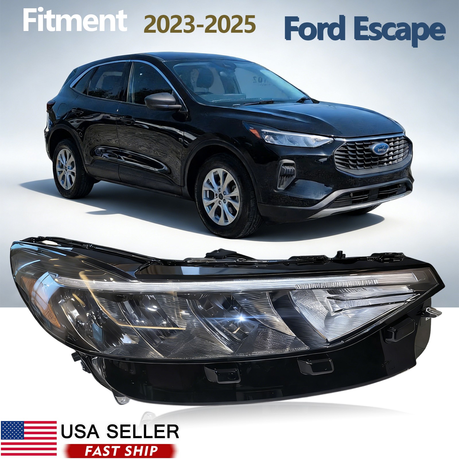 For 2023 2024 2025 Ford Escape LED Headlight Right Passenger Side Black Lamp