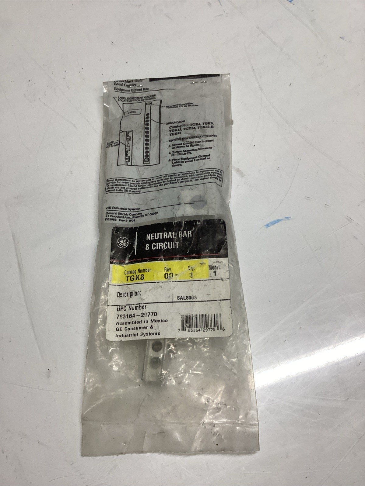 GE TGK8 Neutral Bar, 8‑circuit with lug M-529