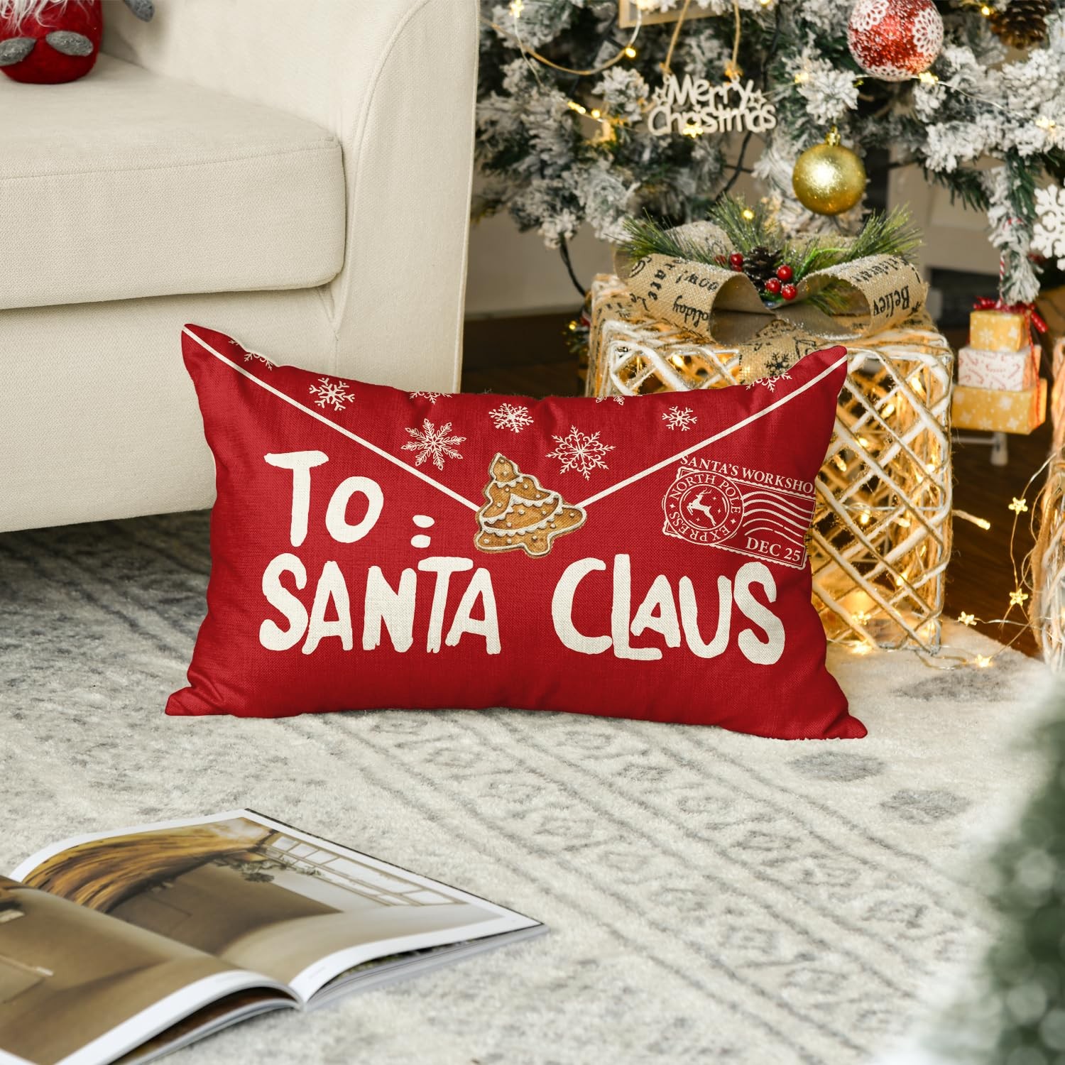 Christmas Decorations Santa Claus Gingerbread Snowflake Pillow Cover Gift 12x20"