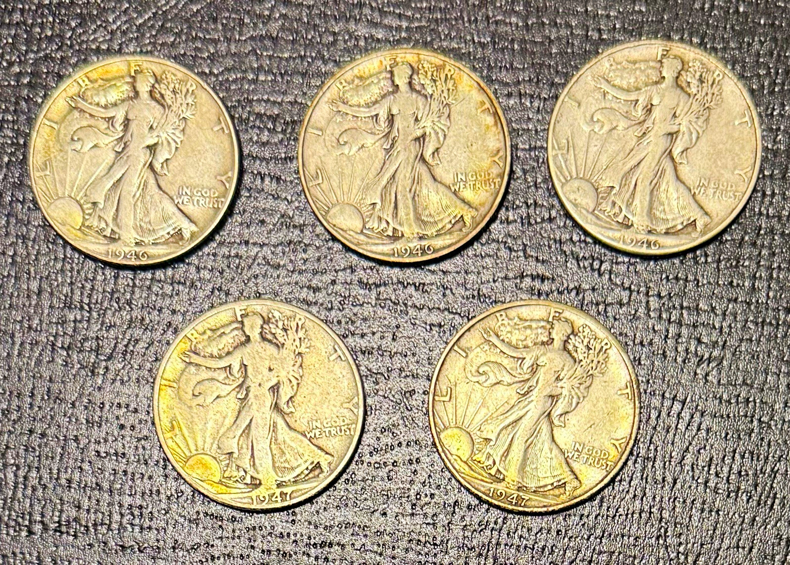 Lot of 5 Liberty Walking Half Dollars, Silver, circulated