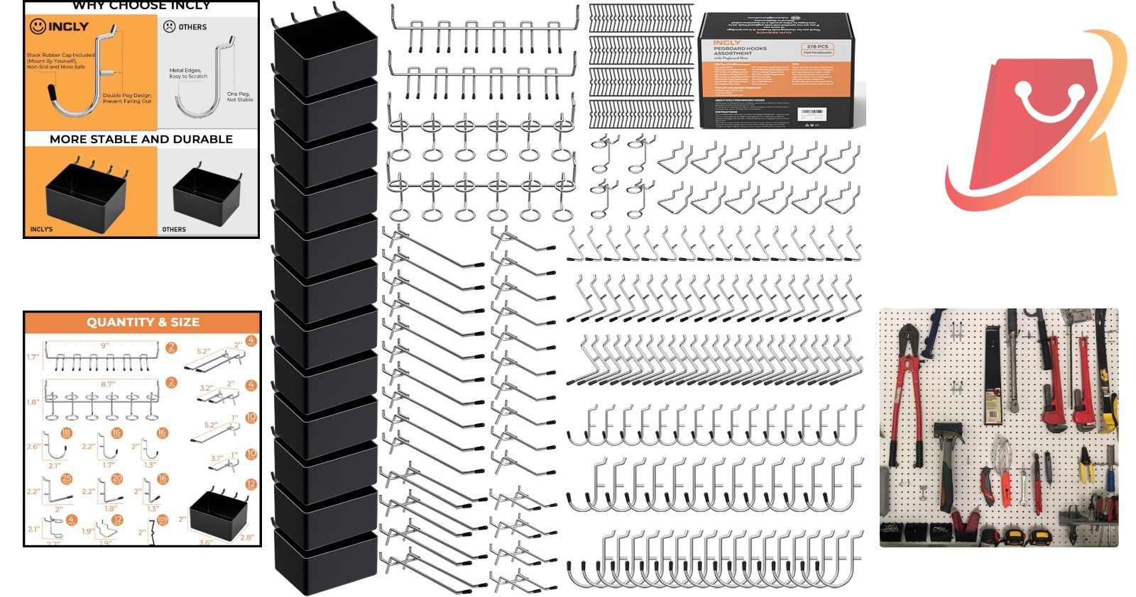 278PCS Pegboard Organizer Kit Metal Plastic Hooks Bins for Garage Wall Storage