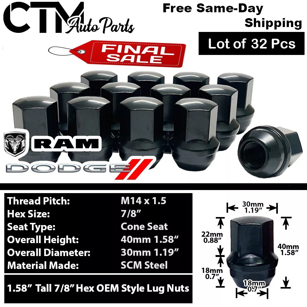 32x Black Dodge Ram2500 Ram3500 OEM Factory Lug Nuts M14x1.5 Fit Stock Wheels