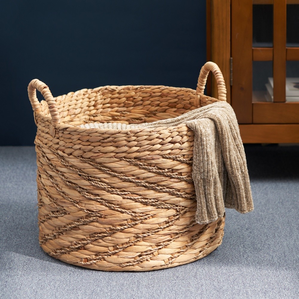Isidore Round Water Hyacinth Seagrass Woven Basket with Handles Home Decoration