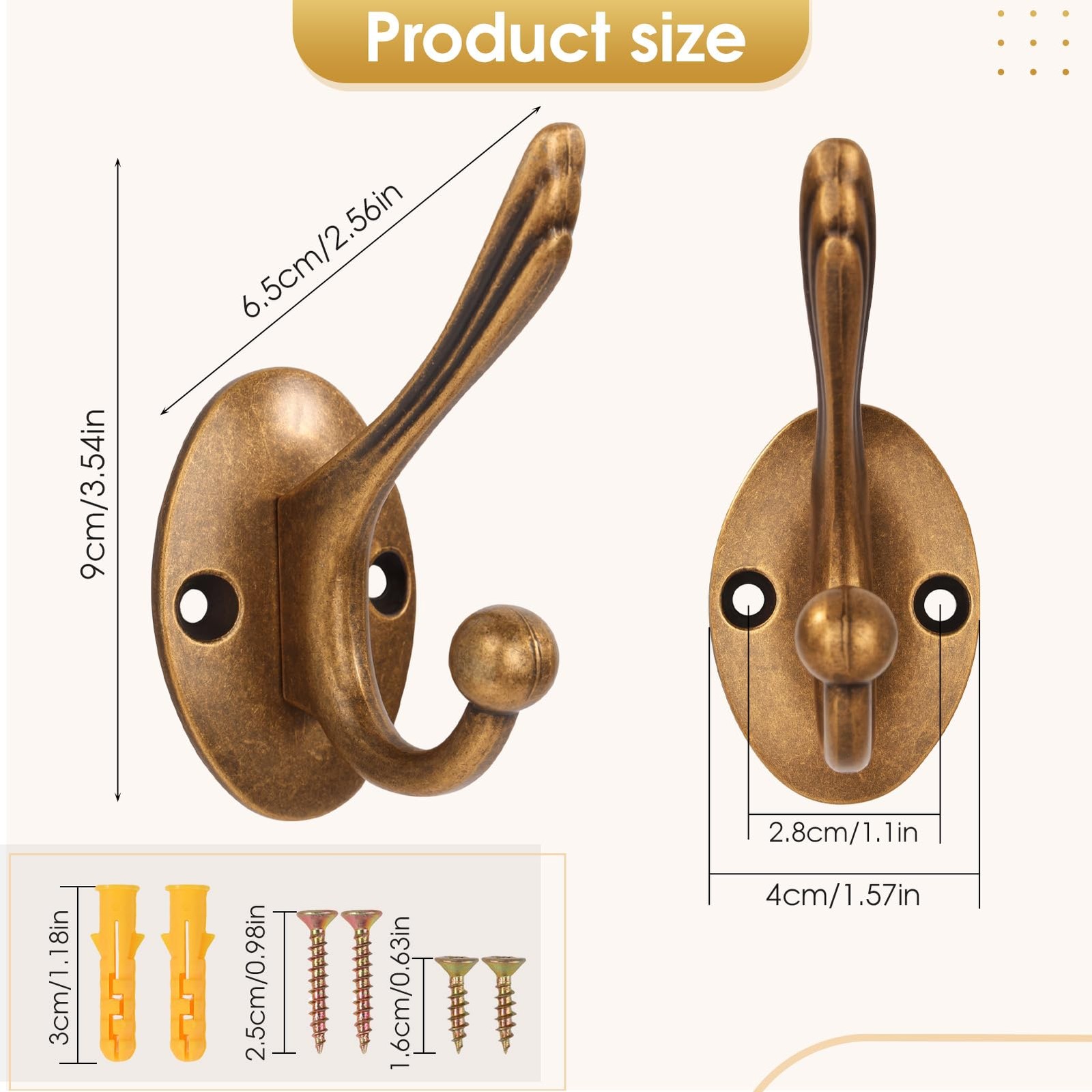 Antique Brass Heavy Duty Wall Hooks â€“ 6 Pack Rustic Coat Hooks for Hanging ...
