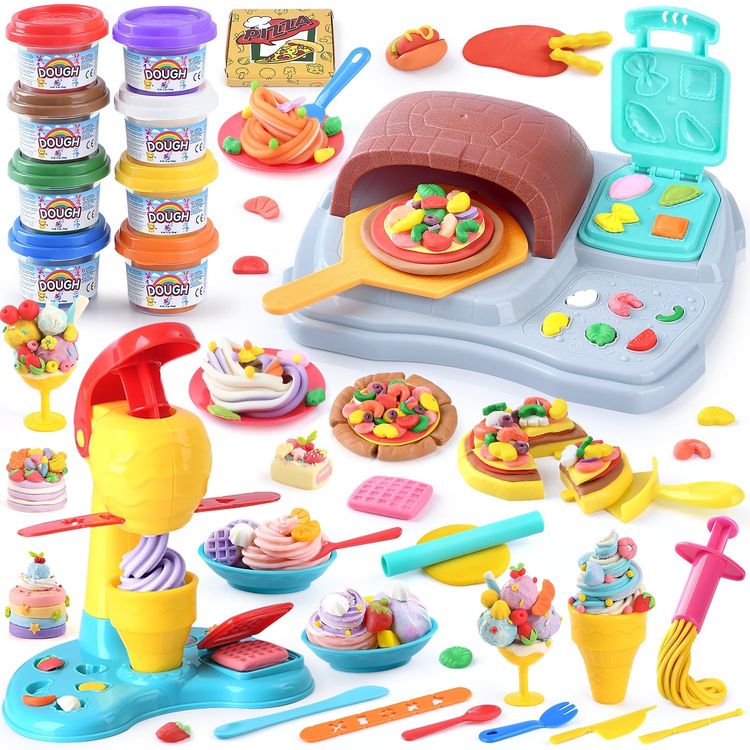 2 in 1 Color Dough Sets for Kids Ages 2-4-8, Kitchen Creations Ice Cream Pizz...