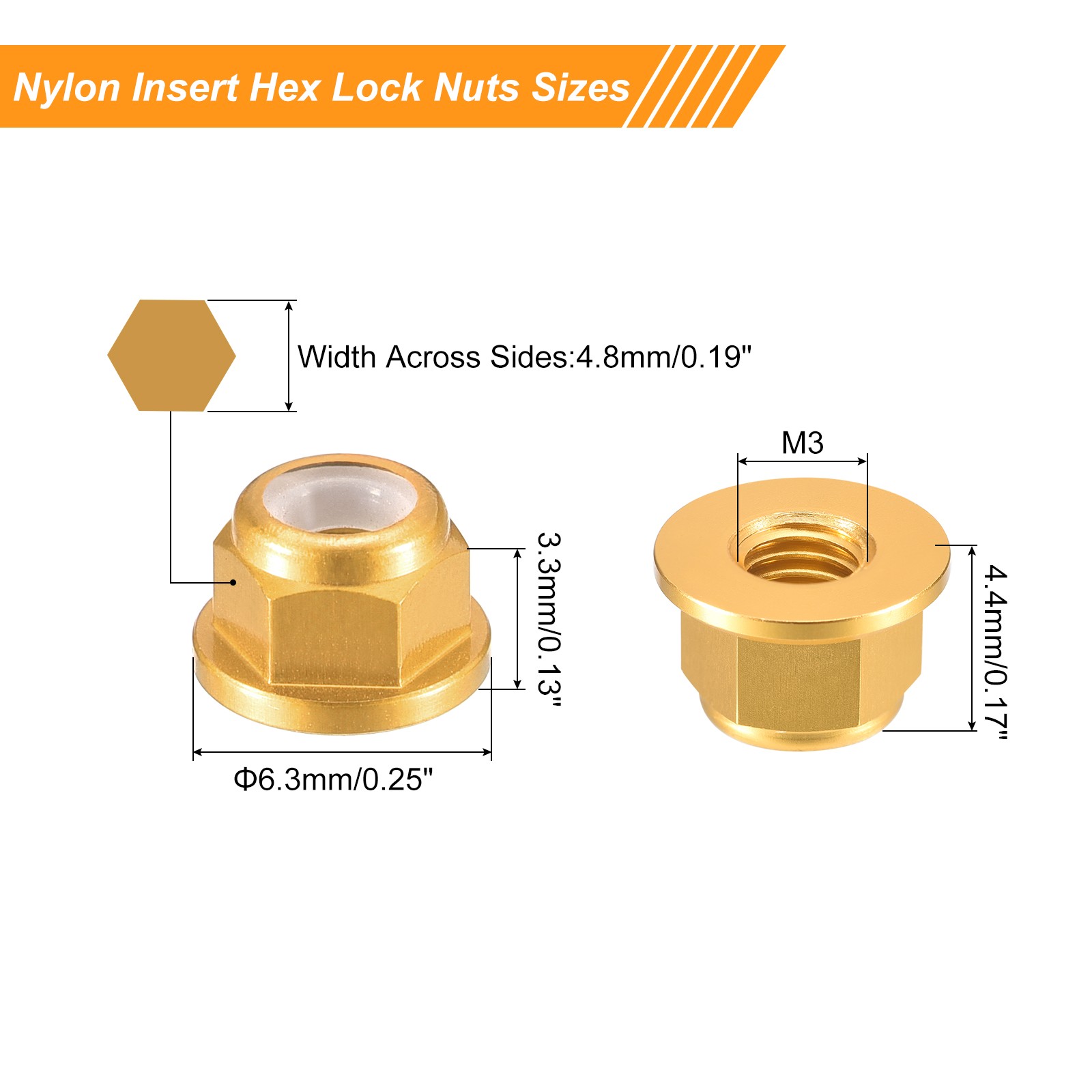 Nylon Insert Hex Lock Nuts, 10pcs - M2.5x0.45mm Self-Locking Nut(Gold)