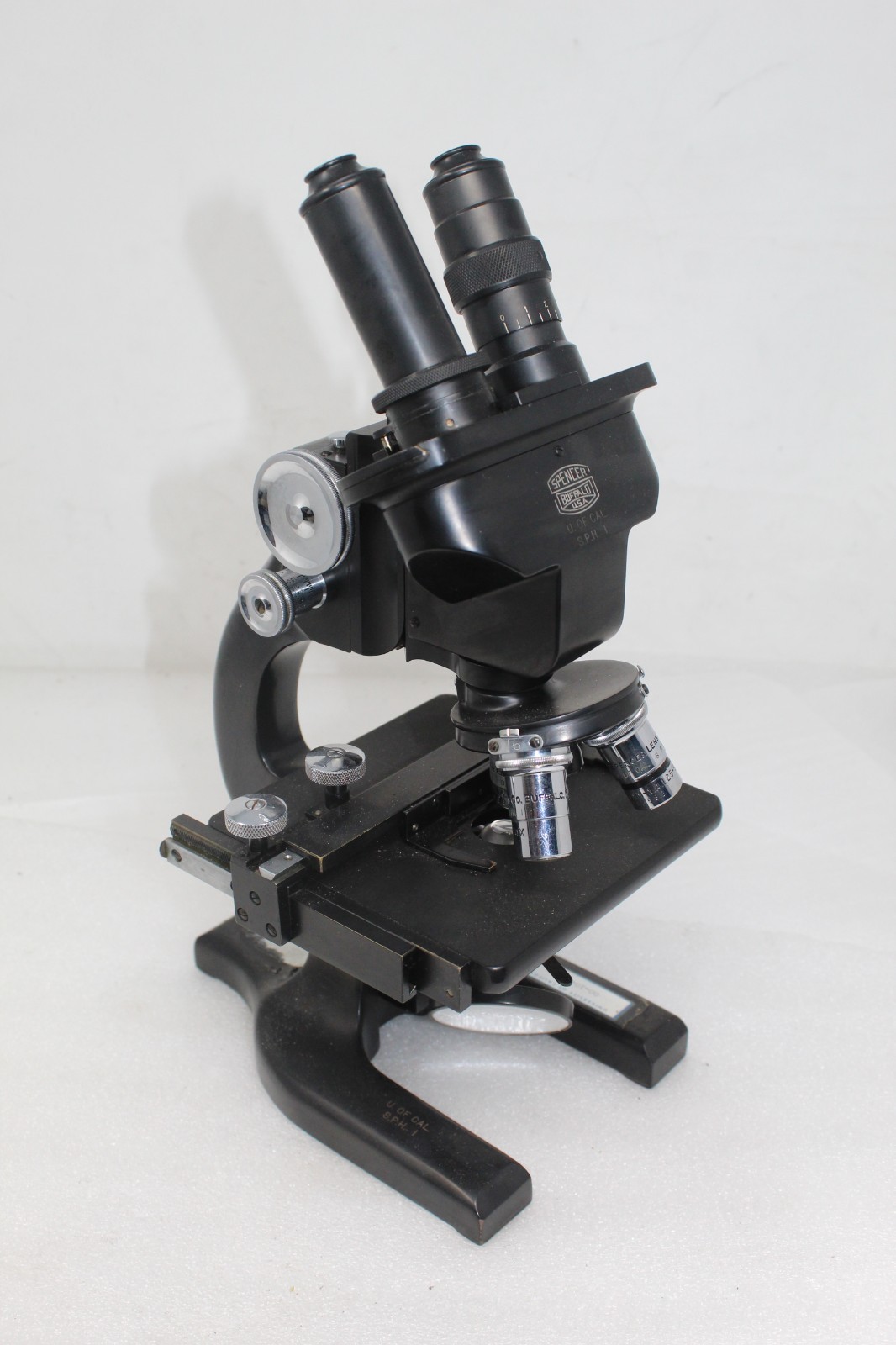 SPENCER BUFFALO  MICROSCOPE WITH 3 OBJECTIVES S.P.H I  U OF CAL OEM