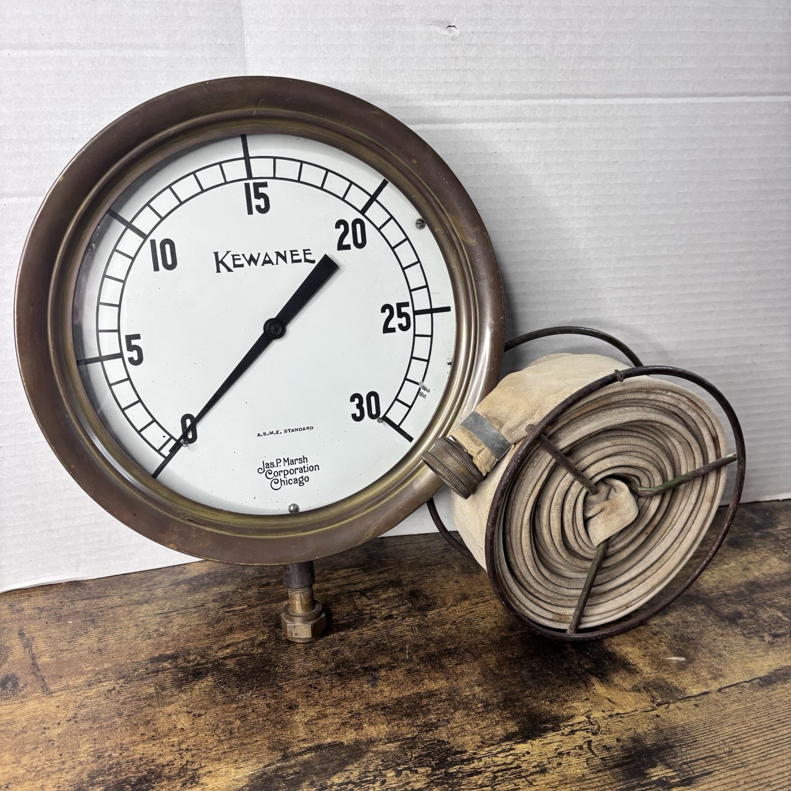 KEWANEE BOILER CO LARGE BRASS PRESSURE GAUGE W HOSE Jas. P. Marsh & Company