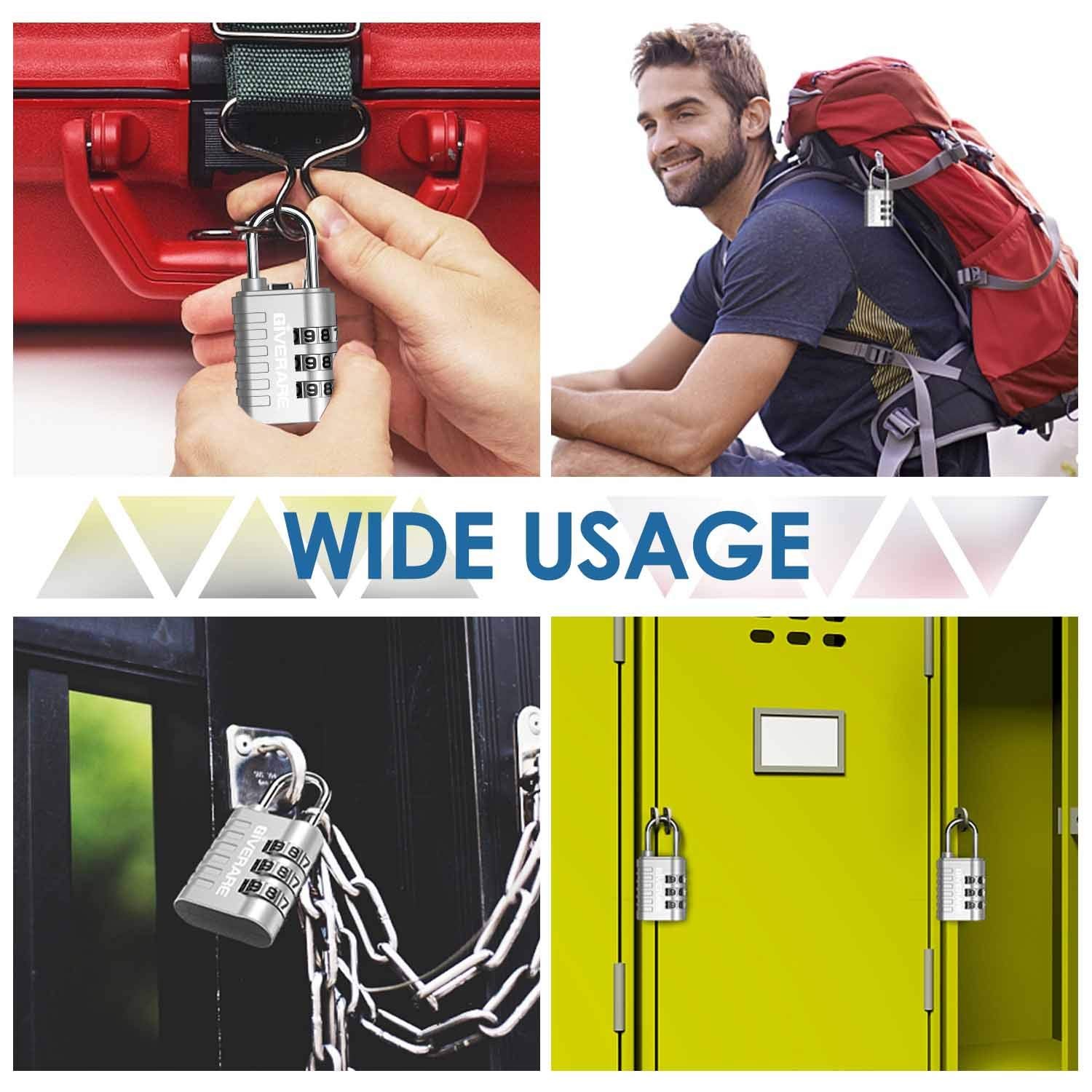 GIVERARE 8 Pack Combination Lock, 3-Digit Padlock Keyless, Resettable Silver