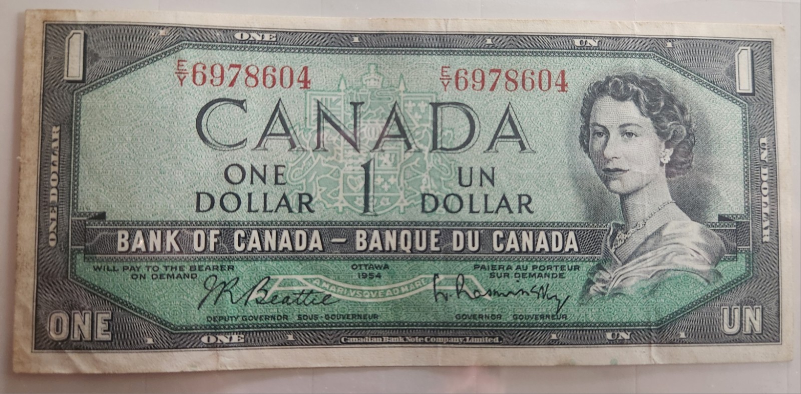 1954 Canada Shifted Signatures One 1 Dollar Beautiful Condition