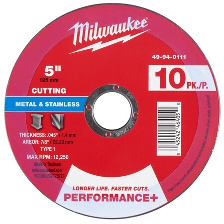 Milwaukee Tool 49-94-0111 Cut-Off Wheel, 7/8" Sz, 5" Dia., Pk10