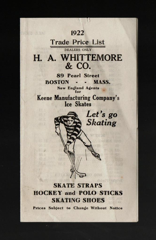 Vintage 1922 HA Whittemore & Co Hockey Equipment Ice Skate Trade Price List !