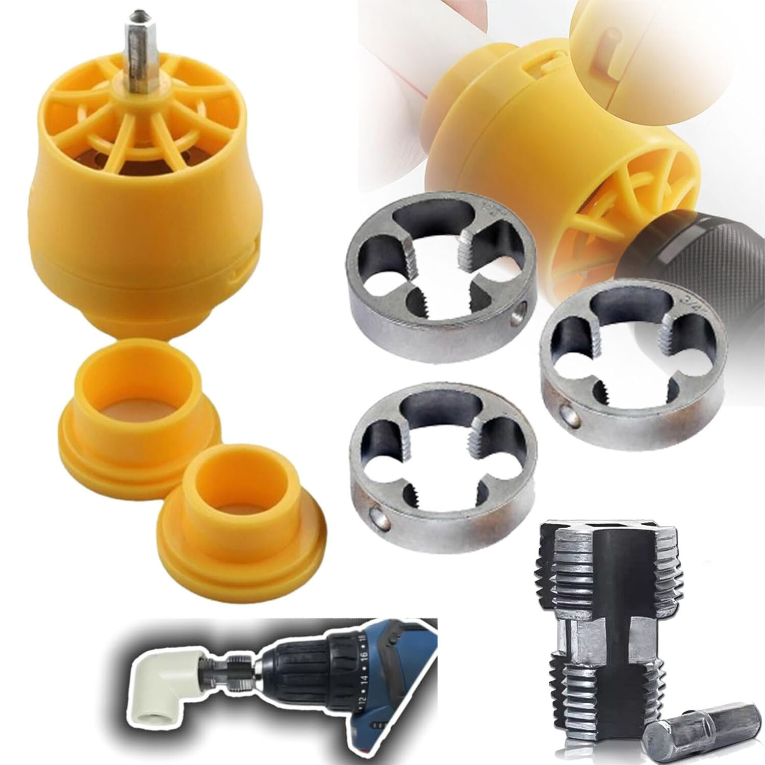 Electric Drill Compatible PVC Pipe Threader Kit with Various Die Sizes -Set 7PCS