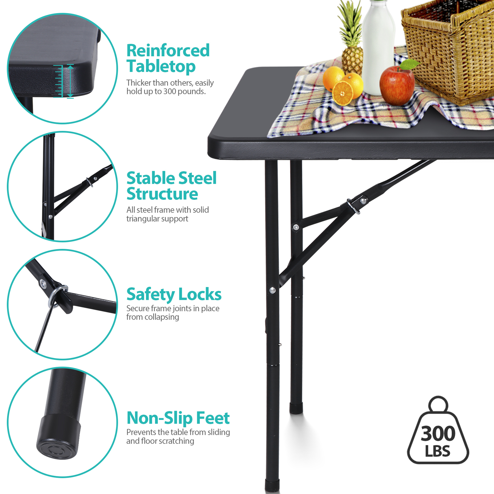 4 FT Folding Table Plastic Portable Tables for Dining Parties Card Wedding BBQ
