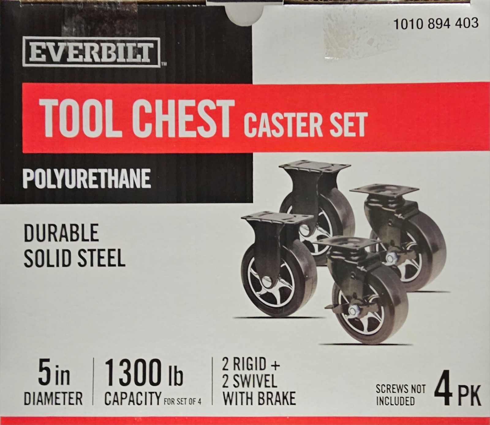 Everbilt 5" Tool Chest Caster Set 4-Pack | 2 Rigid + 2 Swivel w/ Brake 1300lb