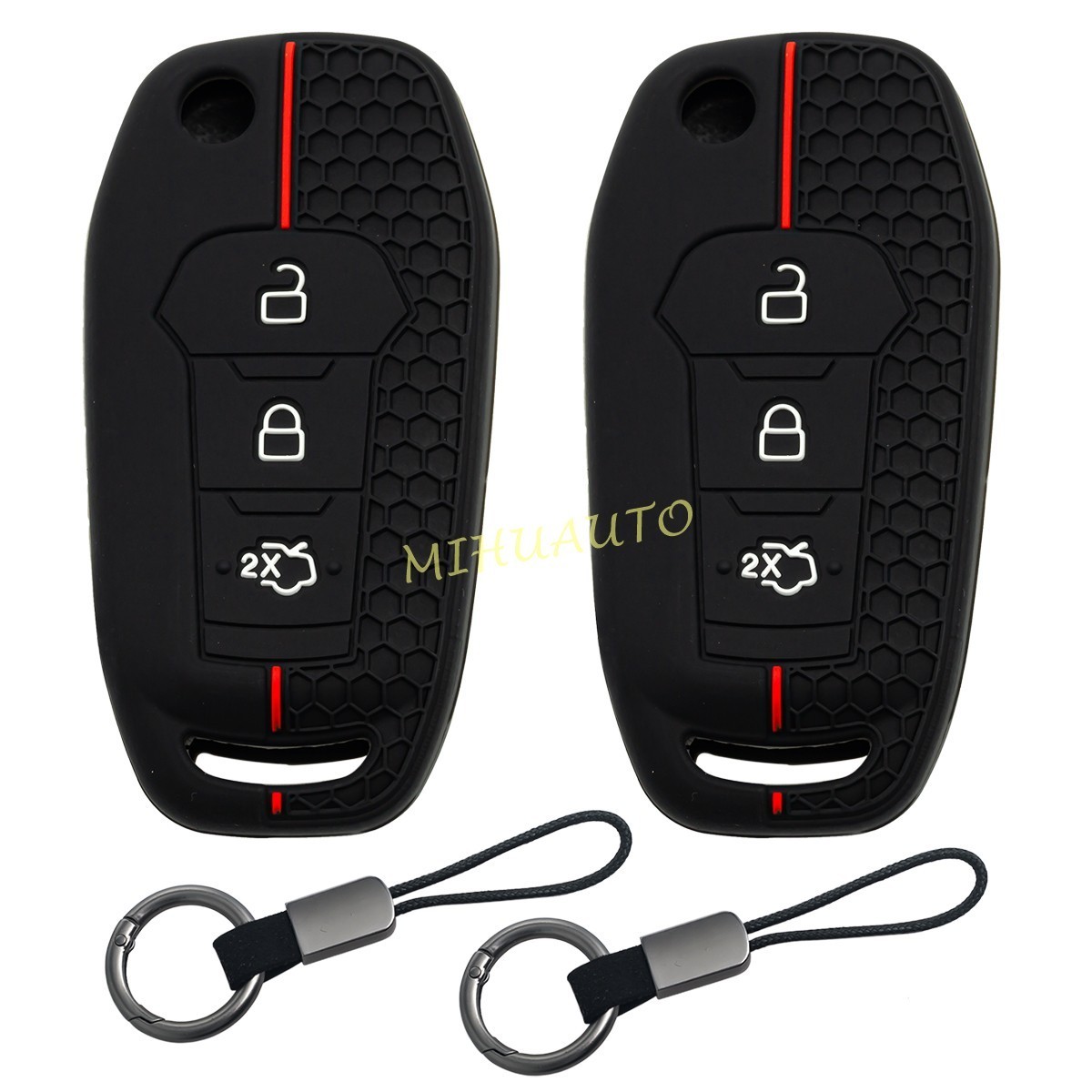 2x Silicone 3 Buttons Flip Key Case Cover Chain For Ford F150 STX F250 Ranger XL