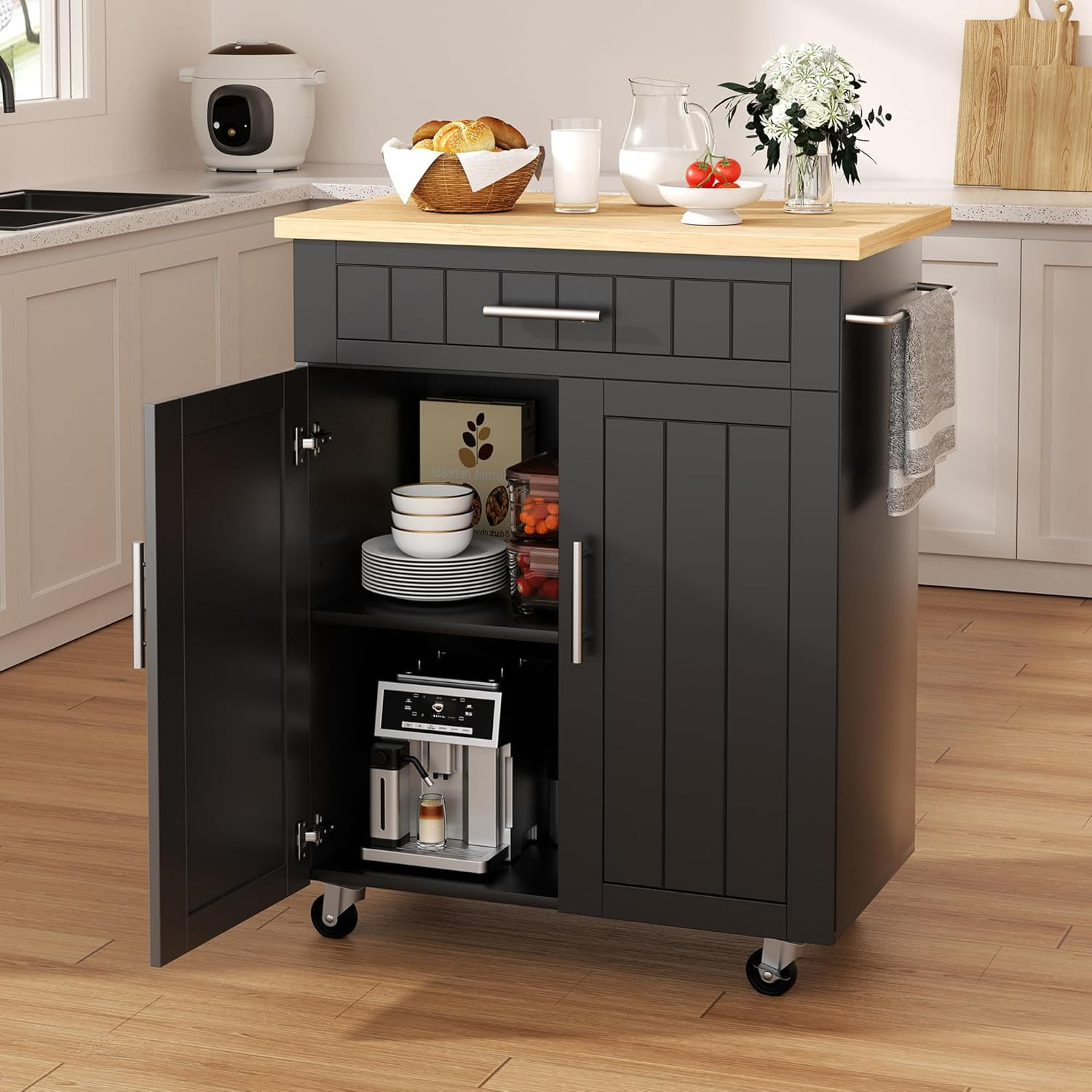 Kitchen Island Cart with Storage, Portable Bar Cabinet on Wheels, Rolling Microw