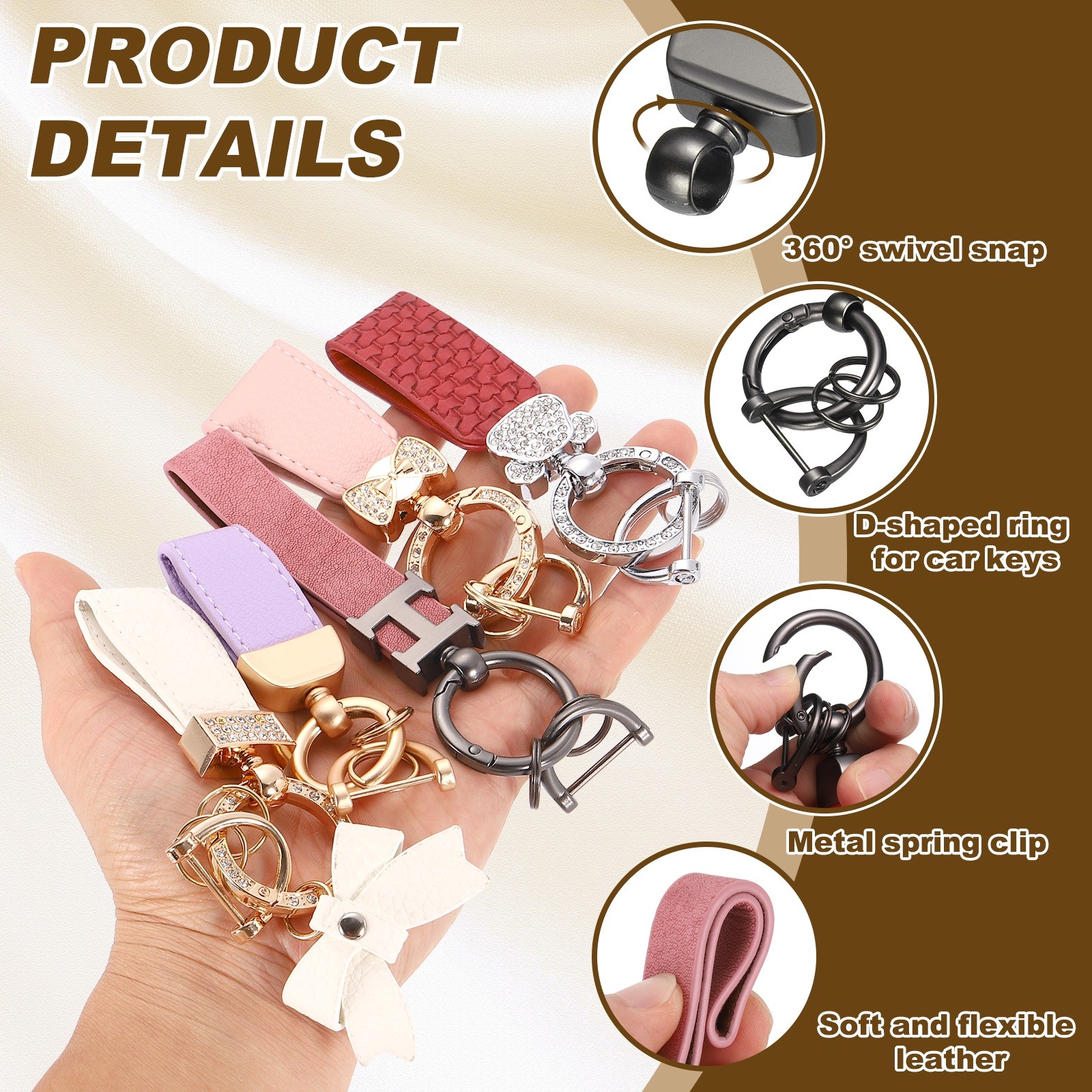 Car Key Chain Ring Clip 5.2" Leather Keychain Key Fob with D Ring, Gray