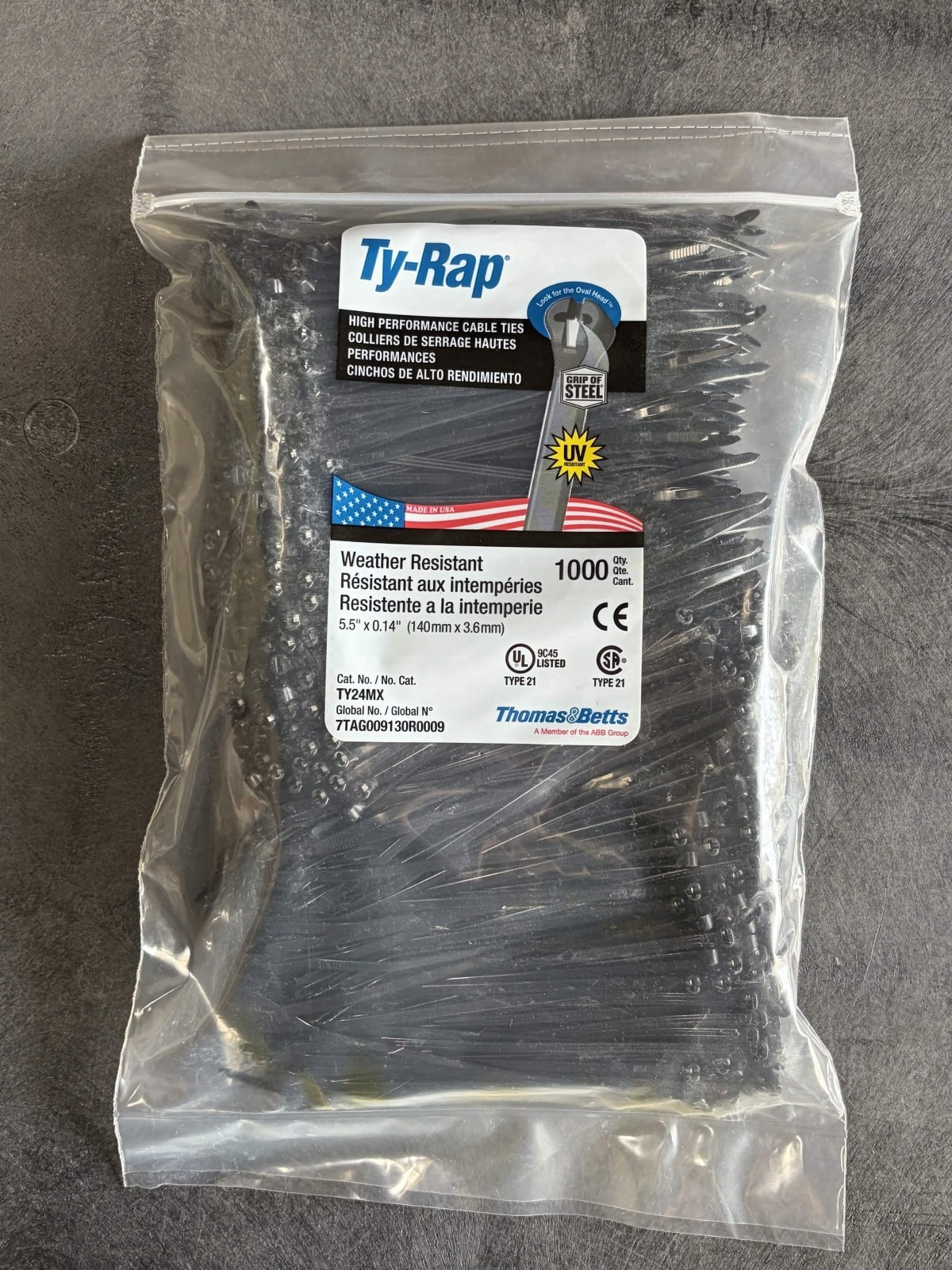 TY24MX     Thomas & Betts Ty-Rap   5.5" 40lb UV Black 1,000/bag