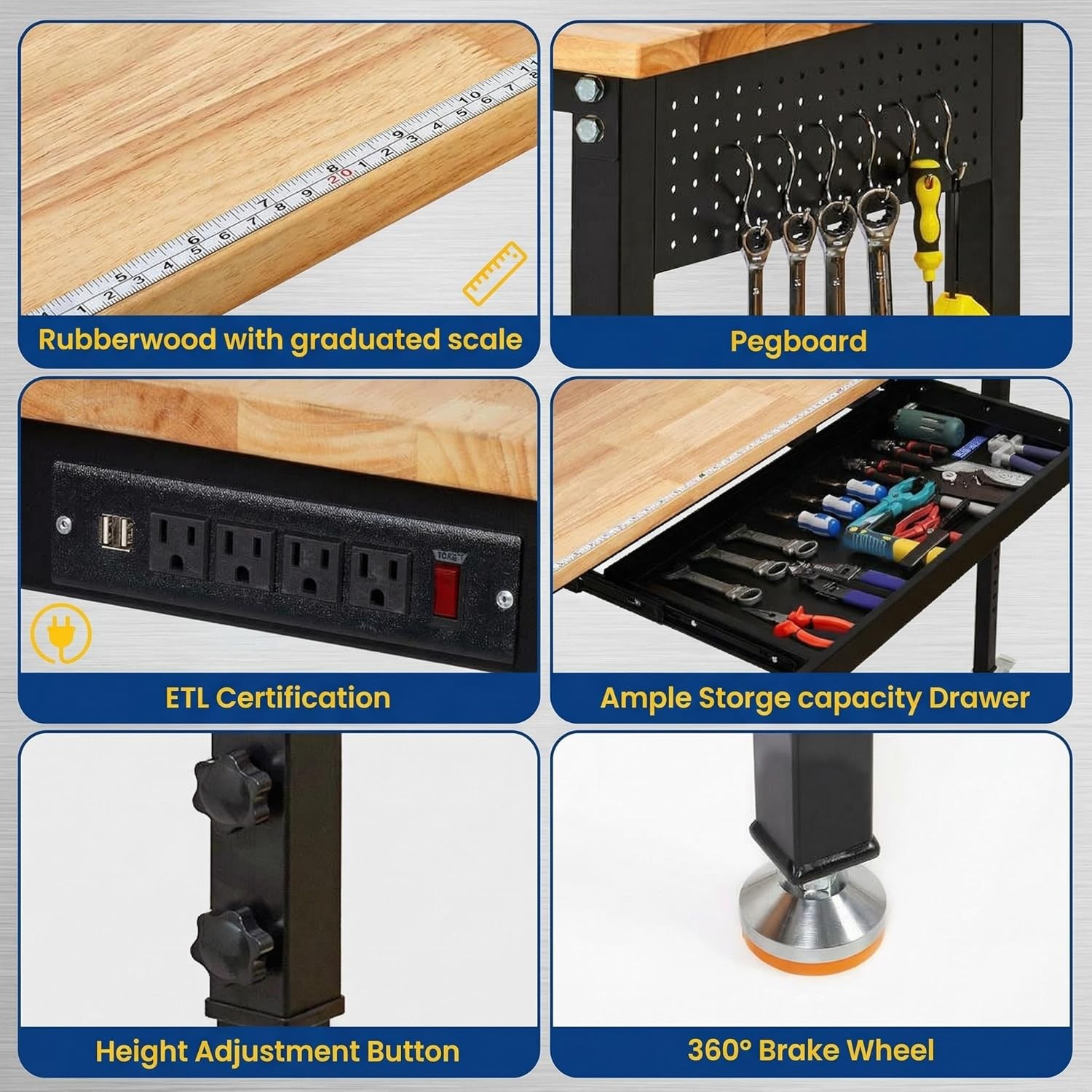 60" Adjustable Work Bench, Workbench Heavy-Duty Work Table for Garage, Workshop